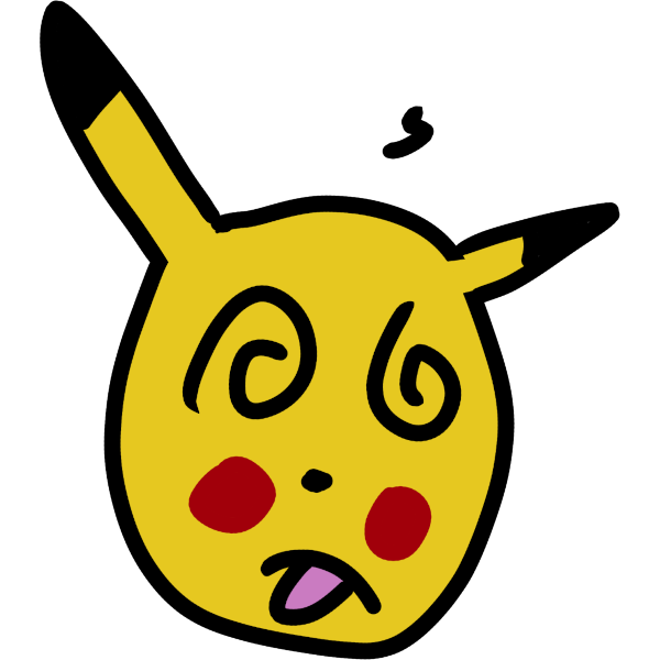  a stylized pikachu with its tongue out and spirals for eyes. 